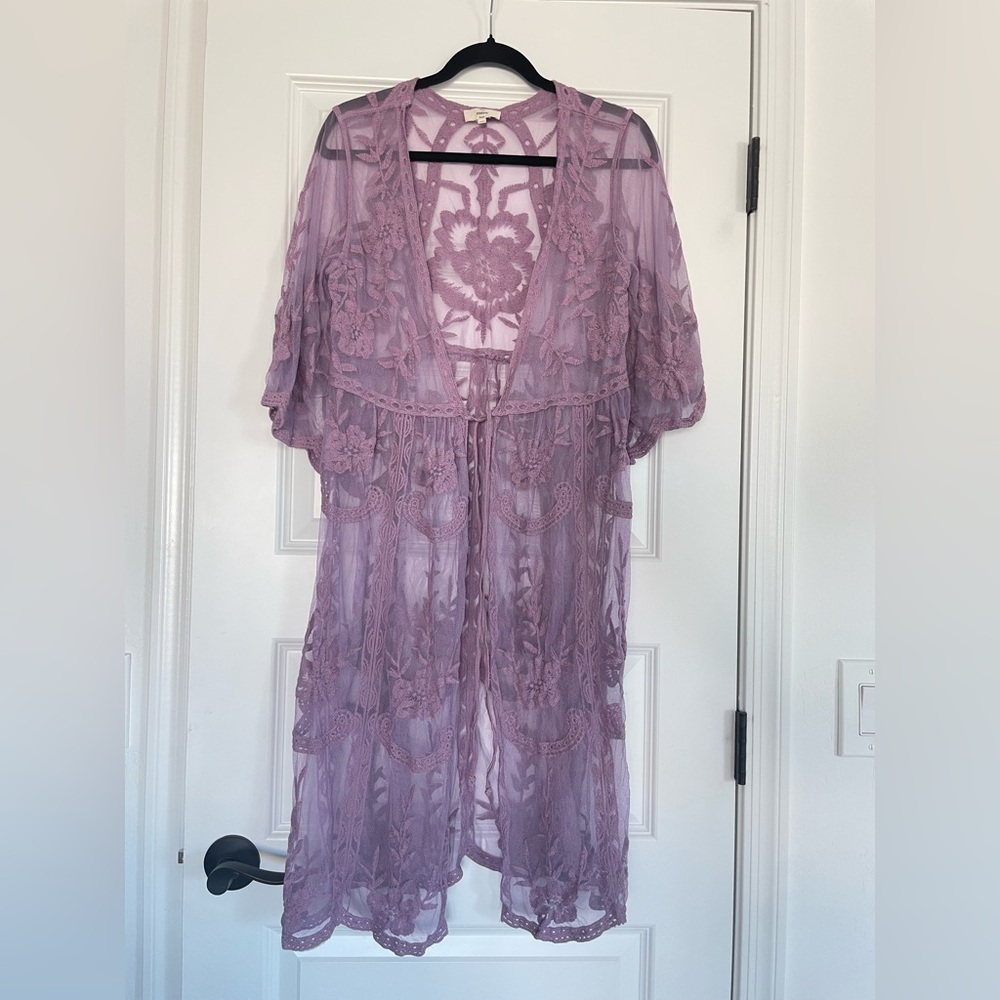 Lavender Sheer Floral Lace Embroidered Kimono Duster Midi Robe
